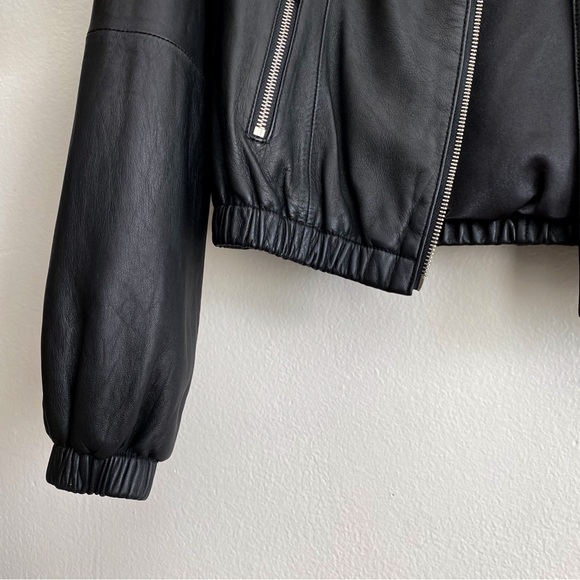BCBGMaxAzria Leather Black Bomber Jacket Minimalist Collarless Luxury Timeless S - Picture 4 of 9